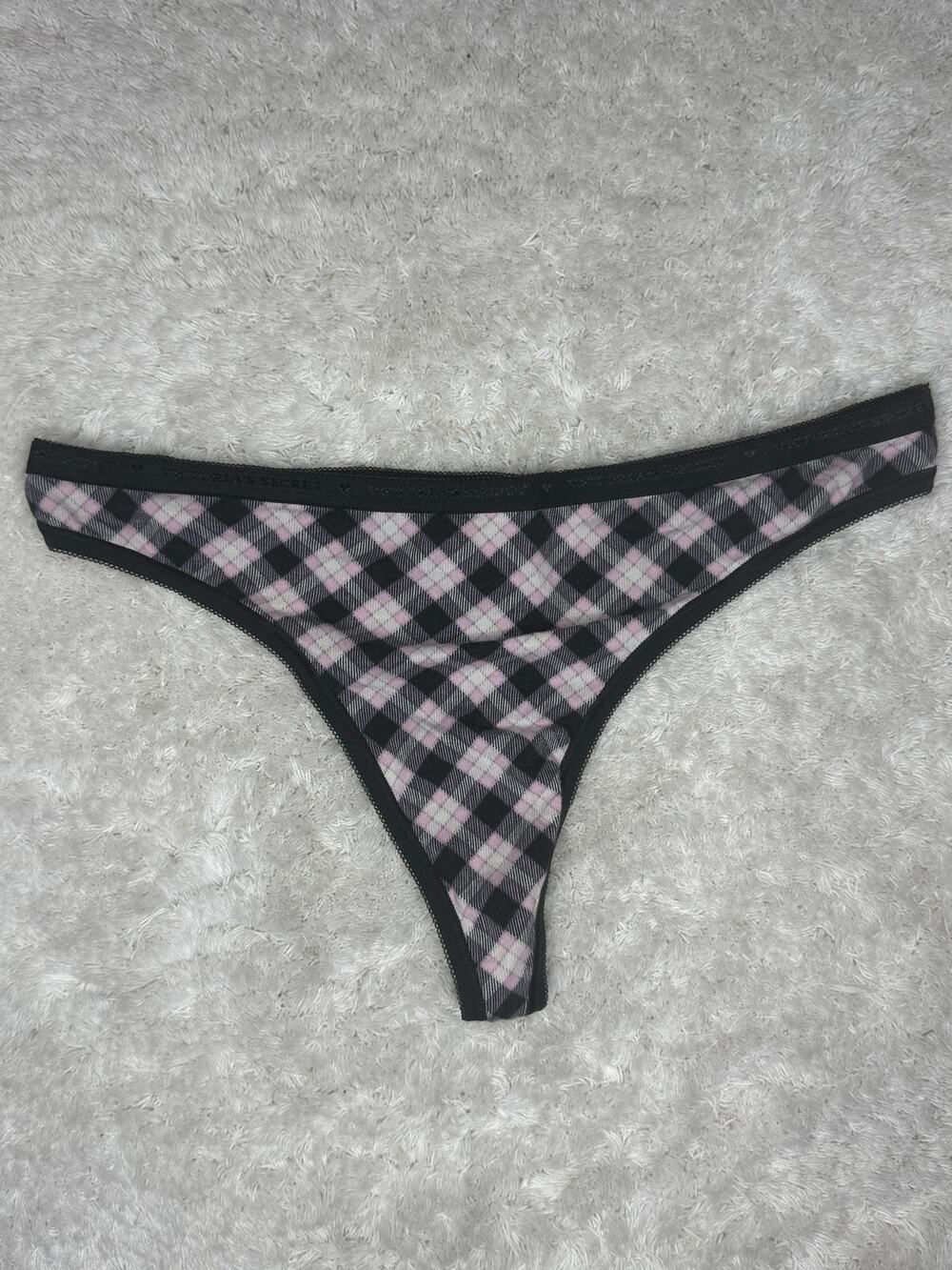 NWOT Victoria’s Secret Cotton Lingerie Argyle Plaid Thong Pink Black Gray Size L